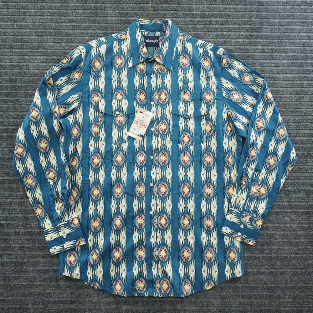 Wrangler Checotah Western Snap Shirt Mens Large Tall Teal Aztec Geometric Print